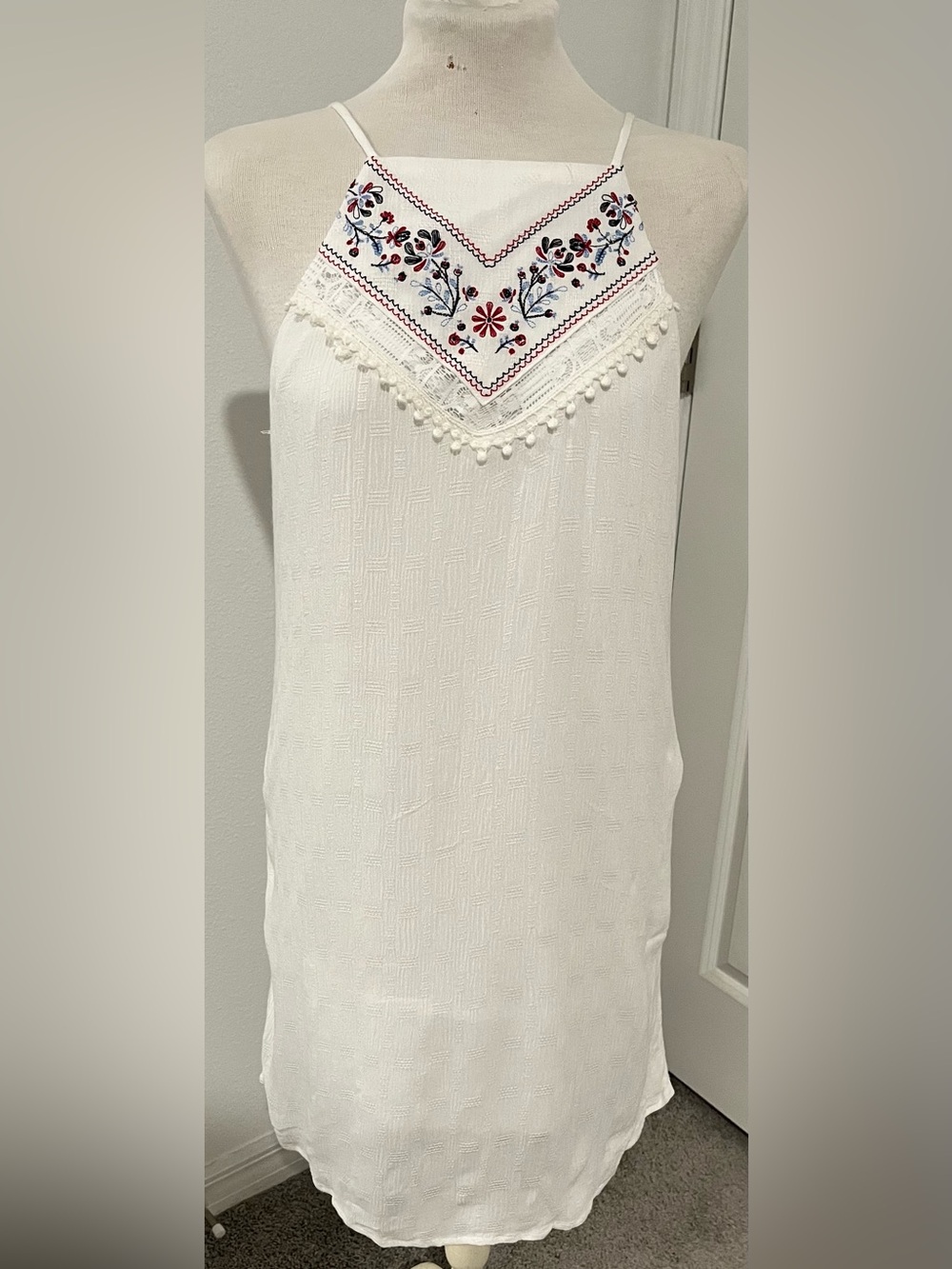 Three Hearts White Dress with Red & Blue Embroidered Flowers and Pom‑Pom Trim